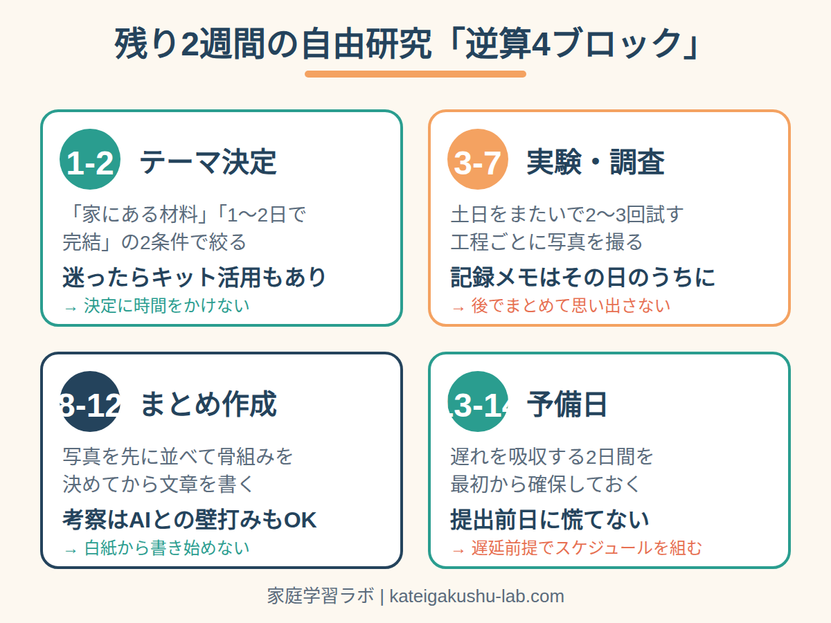 図解: 残り2週間の自由研究を「テーマ決定→実験・調査→まとめ→予備日」の4ブロックに逆算する