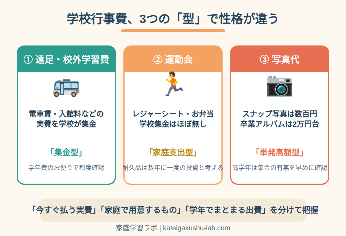 図解: 学校行事費の3つの型(遠足=集金型・運動会=家庭支出型・写真代=単発高額型)