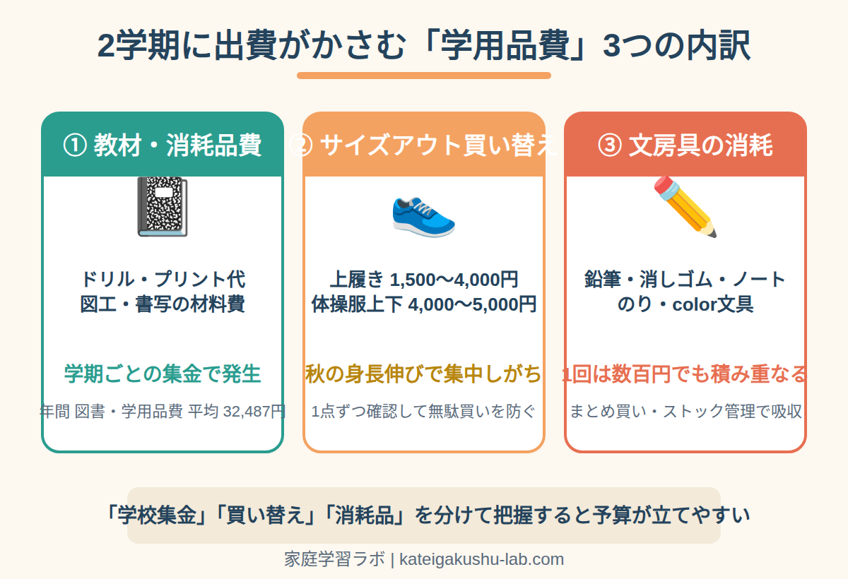 図解: 2学期に出費がかさむ学用品費の3つの内訳