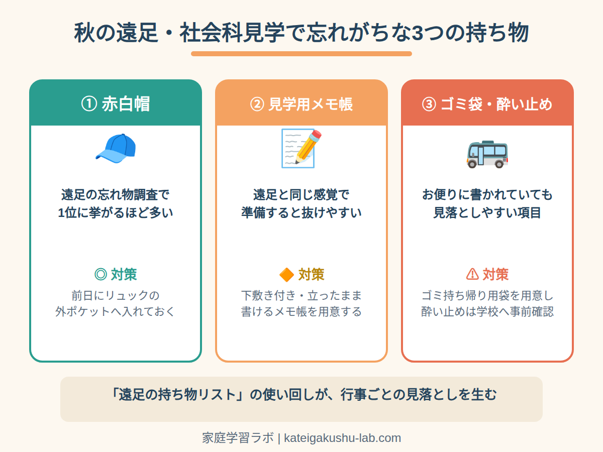 図解: 秋の遠足・社会科見学で忘れがちな3つの持ち物