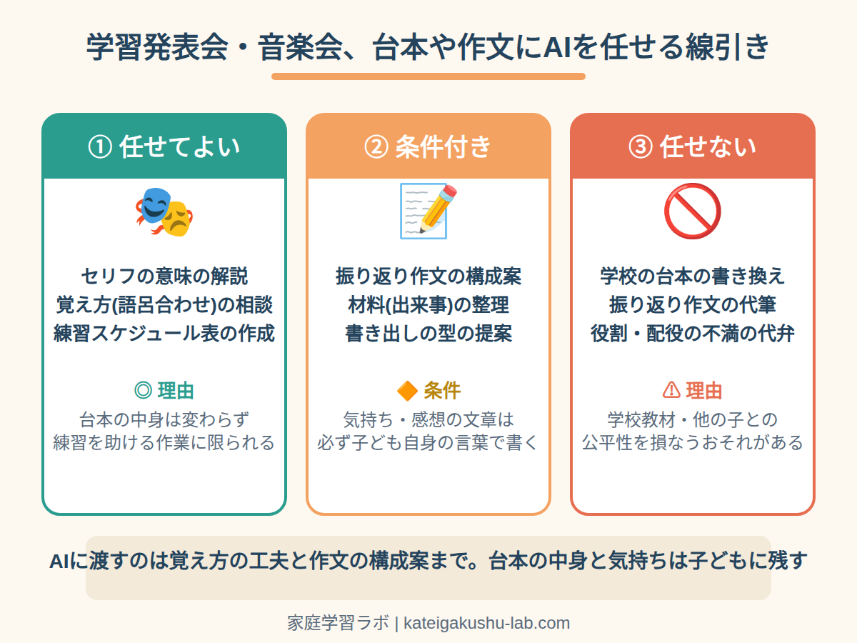 図解: 学習発表会・音楽会、台本や作文にAIを任せる線引きの3分類