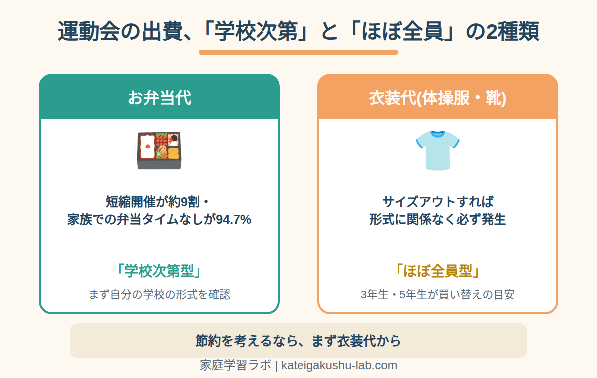 図解: 運動会の出費、「学校次第」のお弁当代と「ほぼ全員」の衣装代